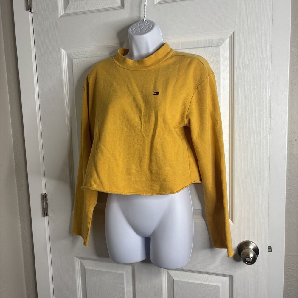 Size L Tommy Hilfiger Cropped Sweatshirt Yellow Mock Neck Long Sleeve